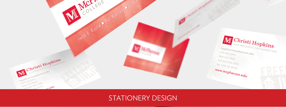 Close-up of business card design for McPherson College.